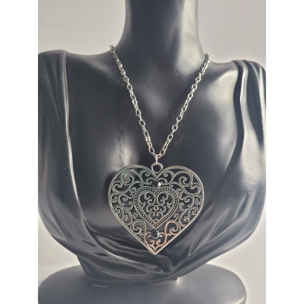 Silver Tone Filigree Heart Pendant Necklace Large Openwork Scroll Statement Jewe